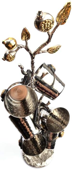 Yair Emanuel Set of 6 Liquor Cups of Hammered Metal on Pomegranate Branch Stand