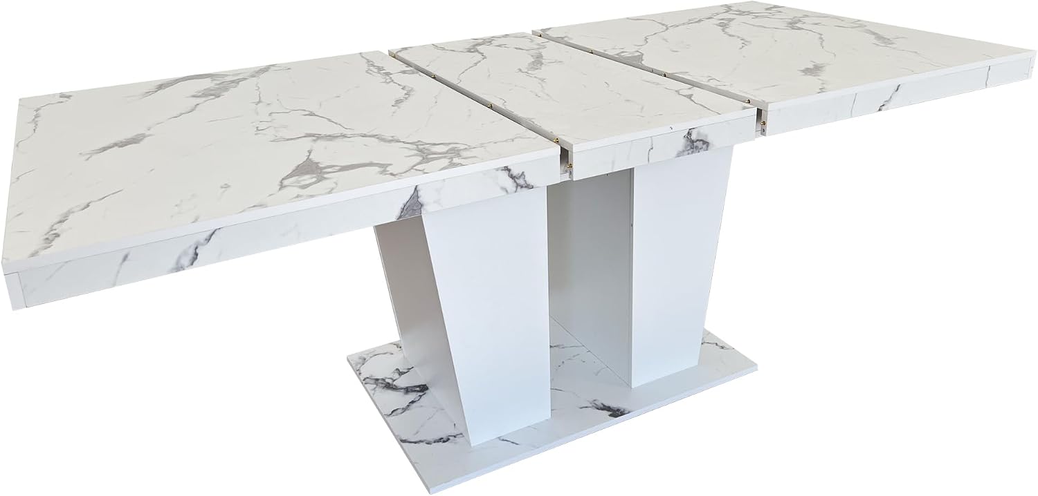 78.74'' Extendable Rectangular Dining Table for 4-8, Modern Mid-Century Wood Expandable Kitchen Dinner Conference Table for Living Room Office, 2 Widen Pedestal Base, White Faux Marble