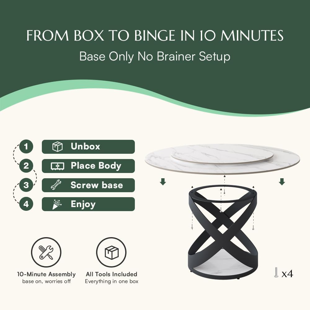 POVISON 59' Modern Dining Table, Glossy White Round Dining Table for 6 Built in Lazy Susan, Sintered Stone Dining Tabletop with Black X Carbon Steel Base (Table Only)