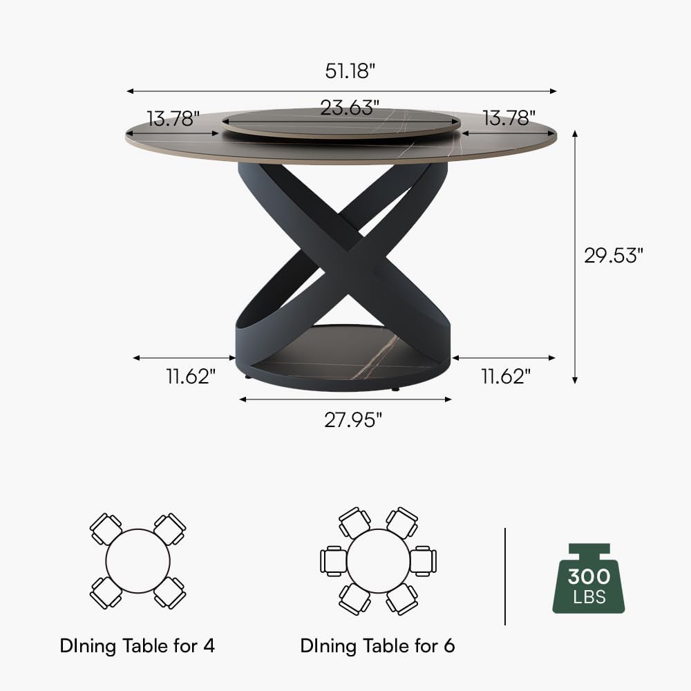POVISON 51' Modern Round Dining Table with Lazy Susan, Glass Round Kitchen Table for 4, Tempered Glass Dining Room Table top with Black X Carbon Steel Base (Dining Table Only)