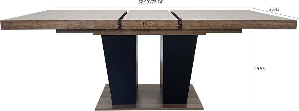 78.74'' Extendable Rectangular Dining Table for 4-8, Modern Mid-Century Wood Expandable Kitchen Dinner Conference Table for Living Room Office, 2 Widen Pedestal Base, Brown