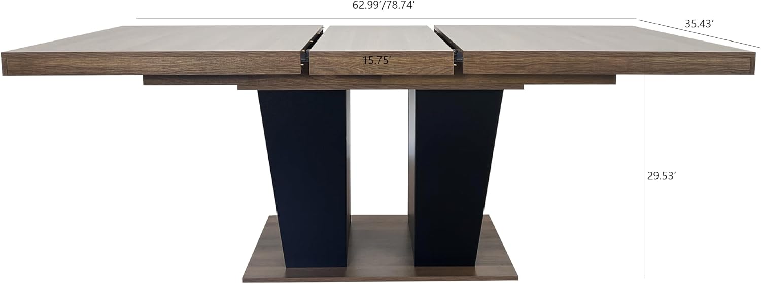 78.74'' Extendable Rectangular Dining Table for 4-8, Modern Mid-Century Wood Expandable Kitchen Dinner Conference Table for Living Room Office, 2 Widen Pedestal Base, Brown