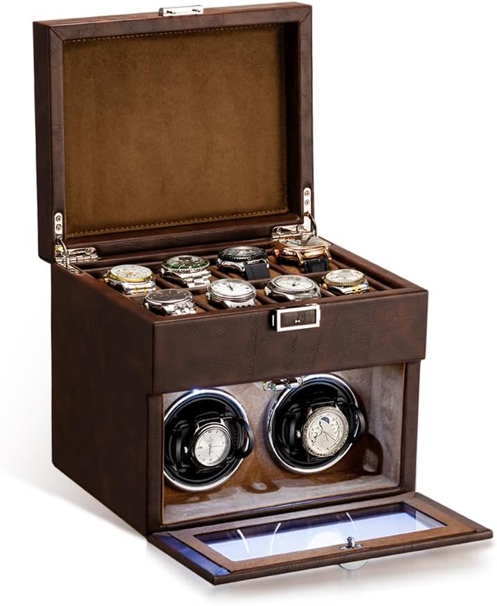 Anyasun Automatic Watch Winder,Double Watch Winder and 8 Extra Storage Display Box with LED Light,Japanese Quiet Motor,Adjustable Watch Pillows,AC Adapter,Father's Day Gift for Men