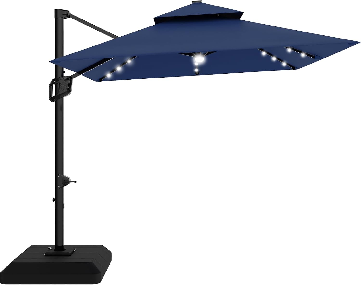 Garvee 10 ft Solar Lights Cantilever Patio Umbrella with Base Included, 360° Rotation Offset Umbrella, Easy Crank & Tilt Adjustment, UV Protection for Backyard, Poolside, Deck -Navy Blue