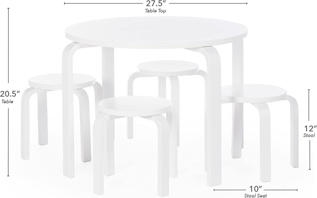 Guidecraft Nordic Table and Stools Set for Kids: White - Stacking Bentwood Stools with Curved Wood Toddler Activity Table - Children's Modern Bedroom, Playroom, and Living Room Furniture
