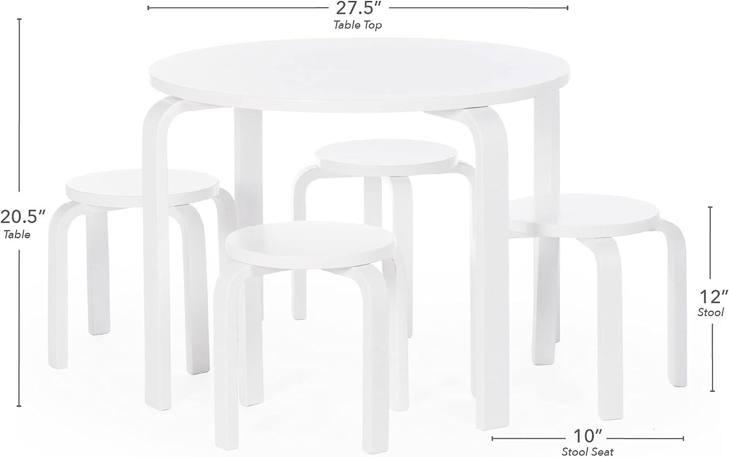 Guidecraft Nordic Table and Stools Set for Kids: White - Stacking Bentwood Stools with Curved Wood Toddler Activity Table - Children's Modern Bedroom, Playroom, and Living Room Furniture
