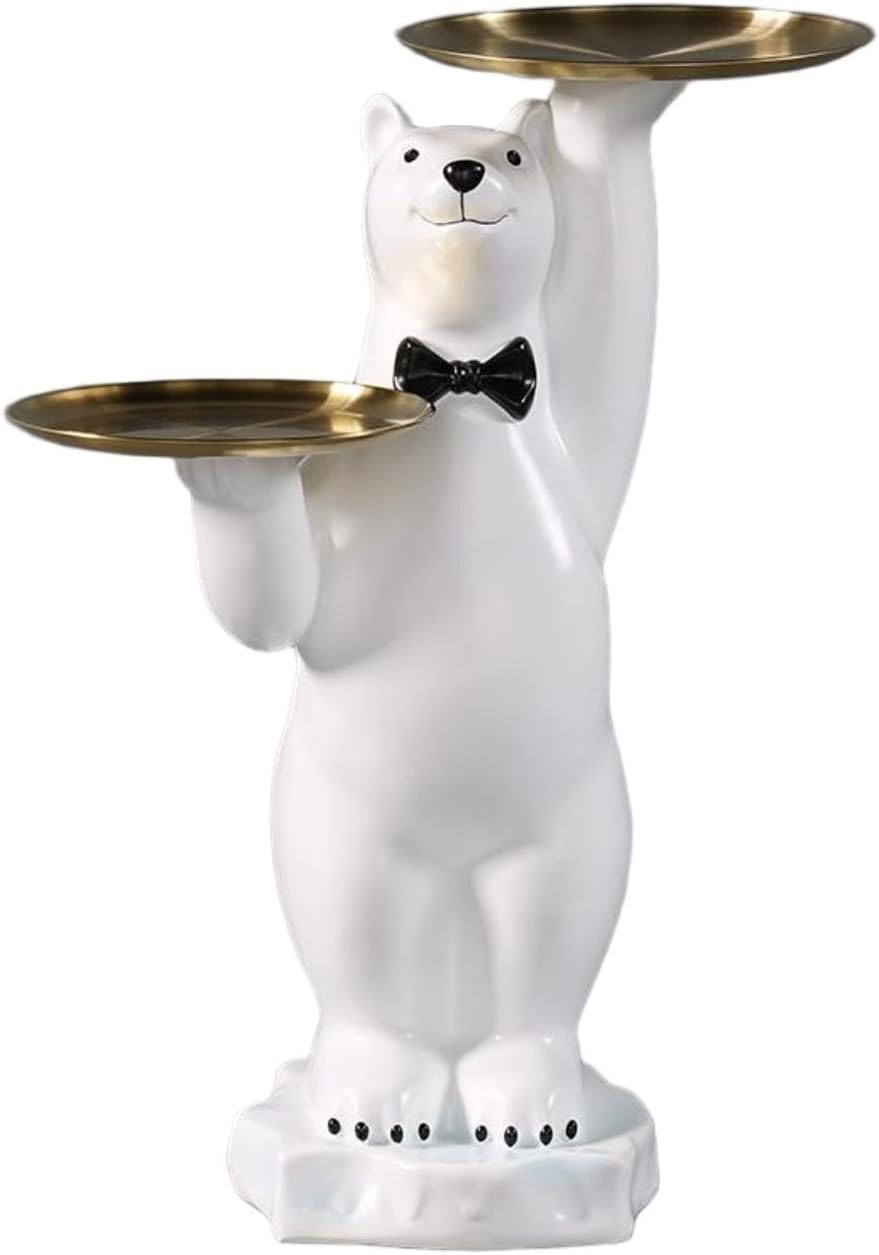 homary White Bear Side Table with 2-Tier Gold Trays, Modern Animal Sculpture End Table, Decorative Accent Table for Living Room, Bedroom, Nursery & Home Décor