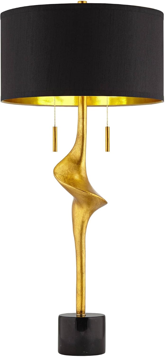 Possini Euro Design Athena 35 1/2' Tall Large Modern Glam End Table Lamps Set of 2 Pull Chain Sculptural Gold Leaf Living Room Bedroom Bedside Nightstand House Office Home Reading Kitchen Entryway