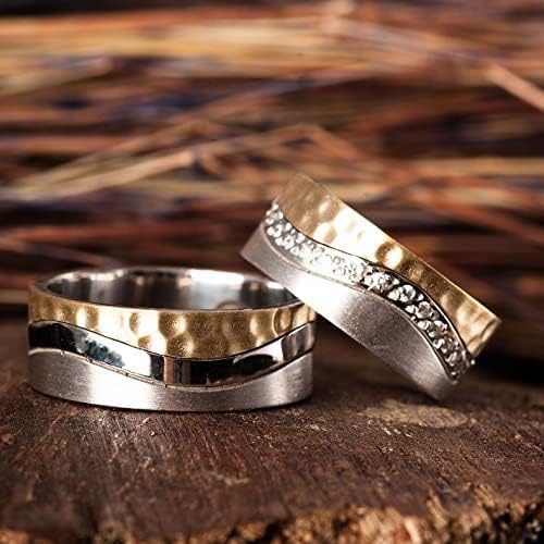 Hammered Wedding Ring Set 14K Gold Plated Couple Matching Wedding Band Set Personalized Man and Woman Silver Wedding Ring Set
