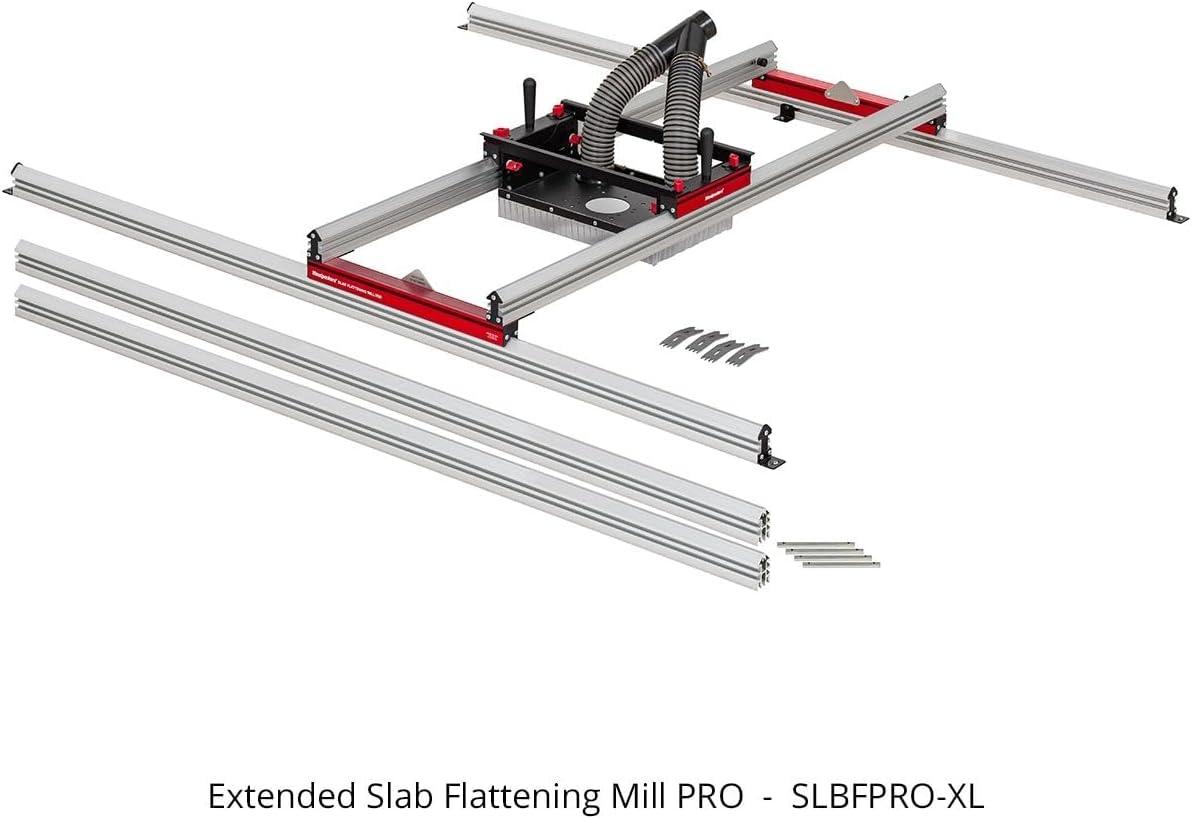 Woodpeckers Slab Flattening Mill Pro, Extended, 48'x134' Capacity, USA Made Wood Slab Leveling Jig, Integrated Dust Collection, Router Sled, Rails, Clamping Dogs