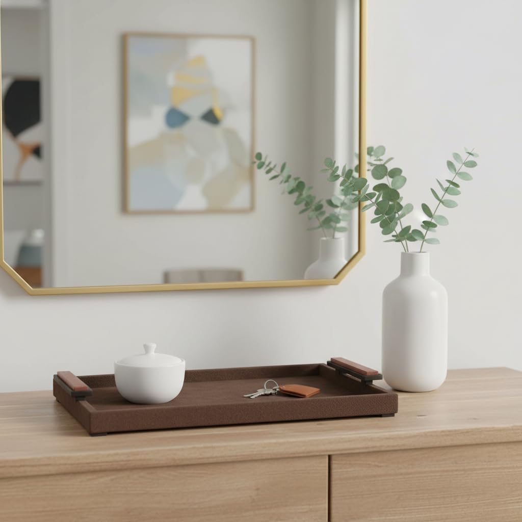 Suede Decorative Tray for Home Décor Accents – Serves as Bed, Jewelry, Trinket Tray Dish, or Bathroom Vanity Tray – House Decor Coffee Table Tray and Centerpiece Table Decorations – 2', Brown