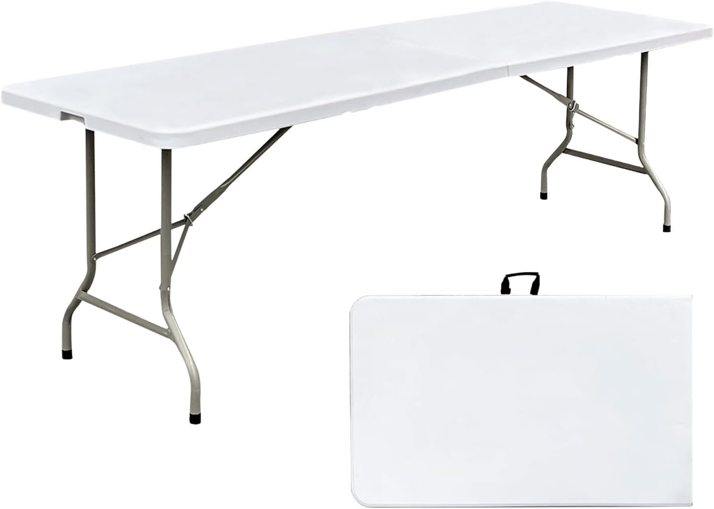8ft Folding Table 96 inch, Heavy Duty 8 Foot Portable Plastic Foldable Table with Handle and Fold-in-Half Design, Blow Molded Tabletop for Outdoor, Indoor, Party, Dining and Camping, White