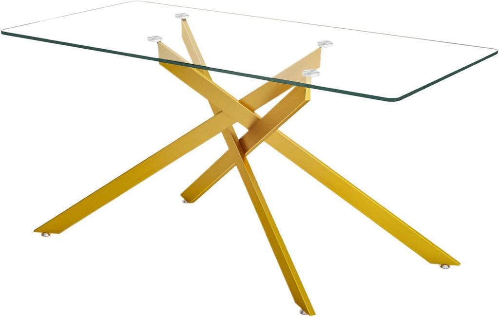 60' Glass Dining Table Modern Kitchen Table for 4-6 People, Contemporary Rectangular Dining Room Dinner Tables with Clear Glass Top & Gold Metal X Legs for Kitchen Apartment