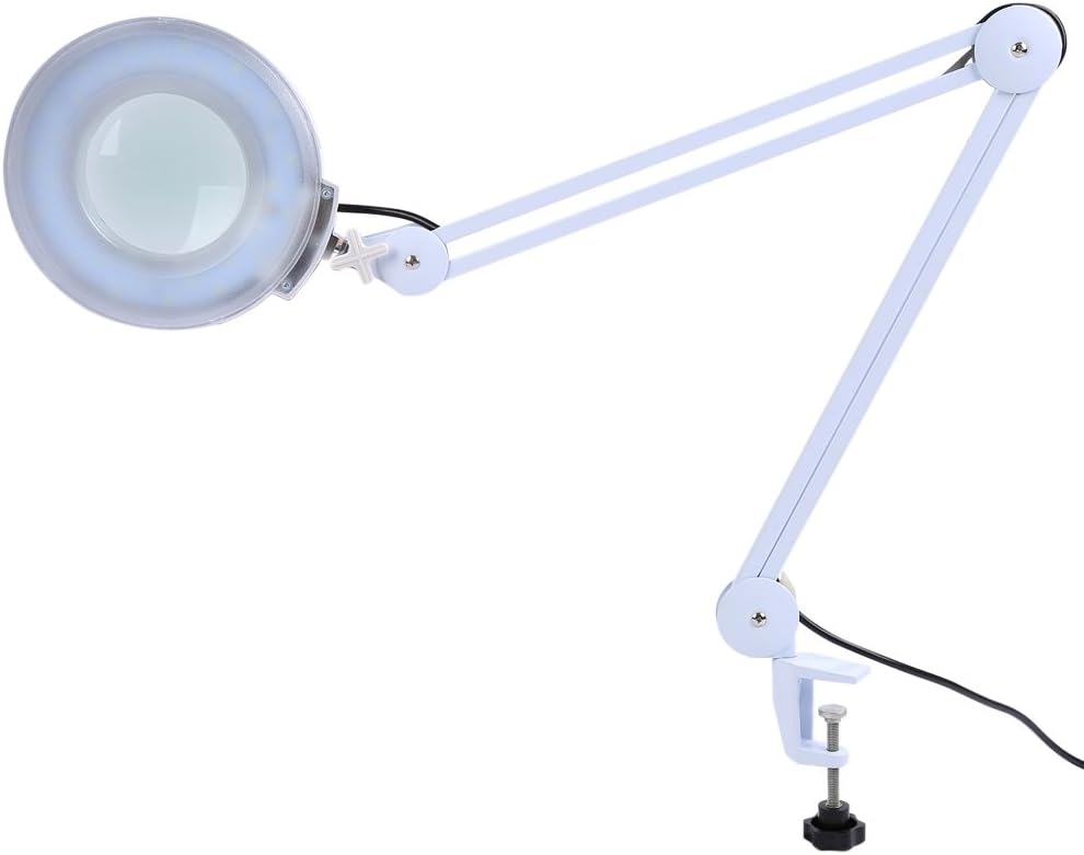 Magnifying Glass Magnifier with Light and Stand Lighted, 5X White Desk Lamp - Hands - Free Illumination, Adjustable Clamp Stand, Ideal for Reading and Craftwork