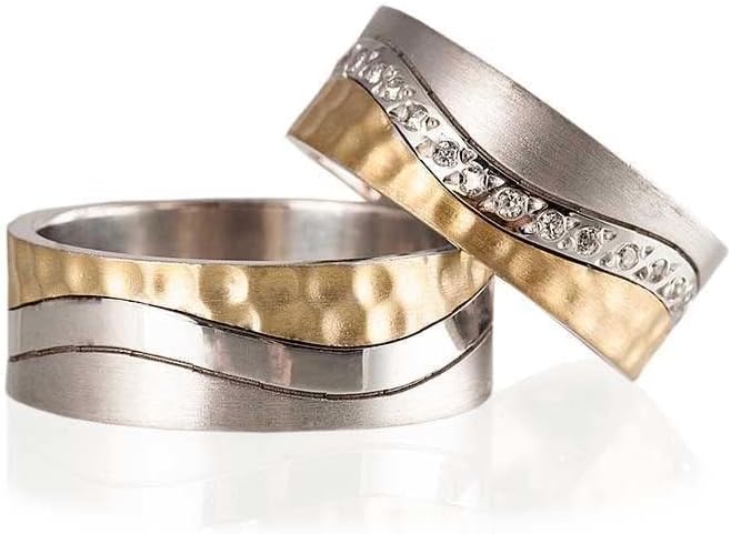 Hammered Wedding Ring Set 14K Gold Plated Couple Matching Wedding Band Set Personalized Man and Woman Silver Wedding Ring Set