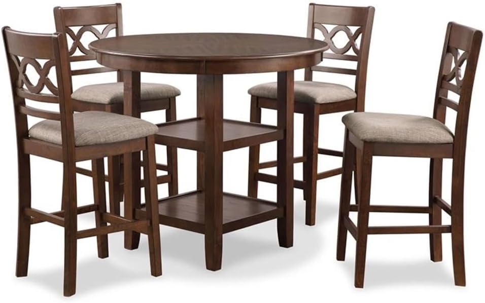Pemberly Row 5-Piece Solid Wood Counter Height Dining Set, 42' Round Table, Brown Finish, Includes 4 Chairs with Padded Seats, Contemporary Style for Kitchen or Dining Room
