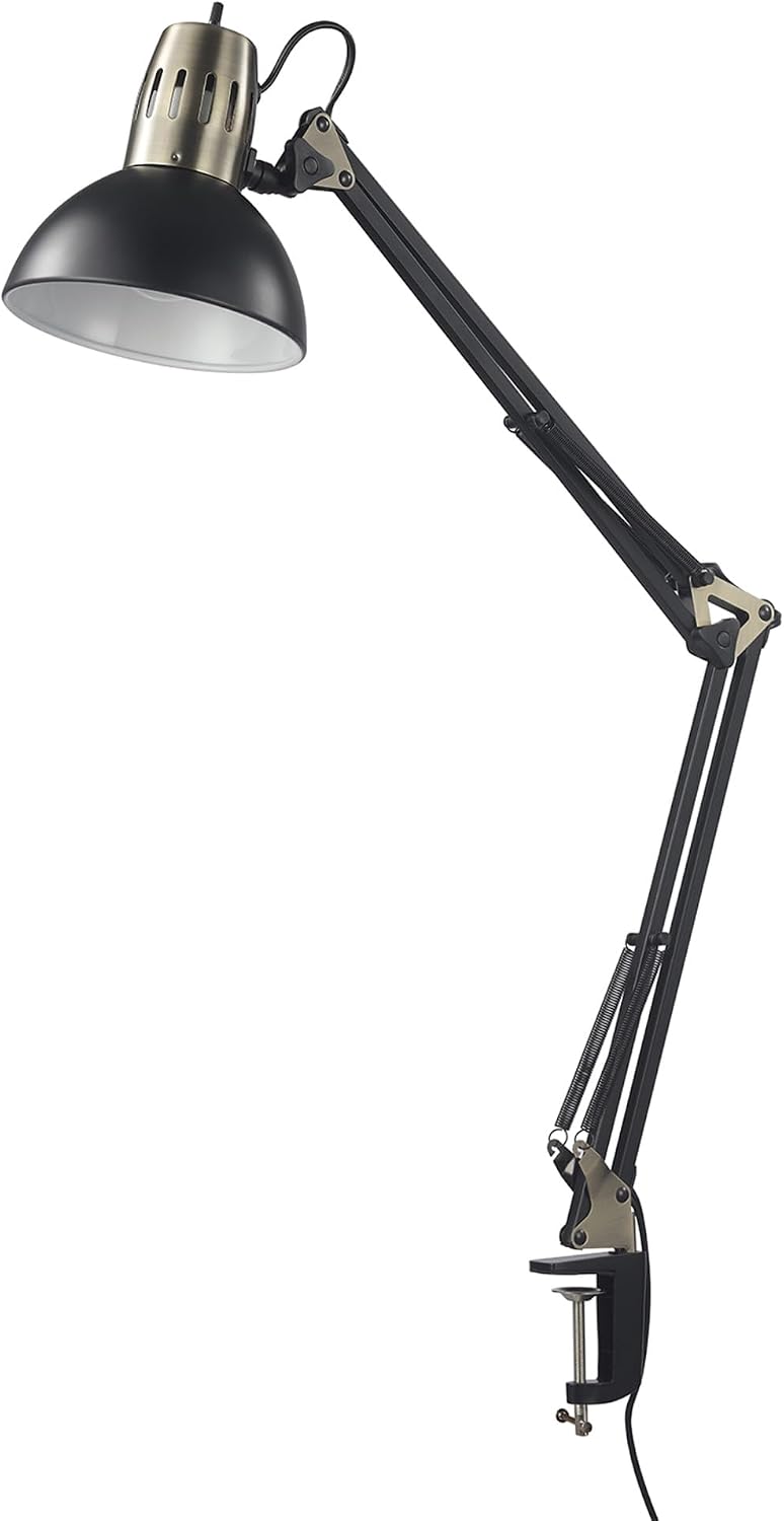 31.5' Multi-Joint Desk Lamp with Metal Clamp, Black, On/Off Rotary Switch on Shade, Partially Adjustable Swing Arm, Home Essentials, Reading Light, Office Décor