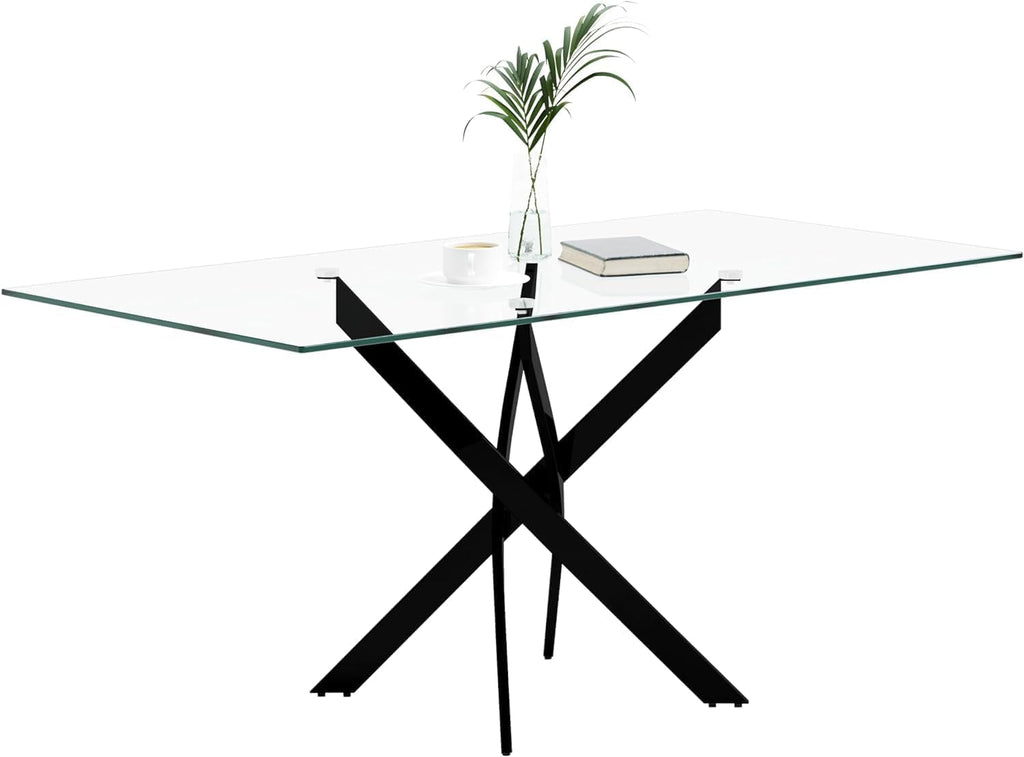 Tempered Glass Dining Table with Black Metal Legs, 47in Modern Rectangular Kitchen Table for Kitchen Dining Room Home Office (47.24 * 27.55, Black)