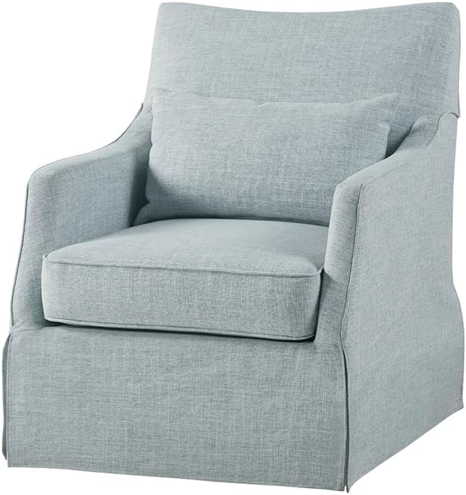 Martha Stewart London Swivel Chair - Solid Wood & Plywood, Skirted Metal Base Accent Armchair, Lumbar Pillow -Modern Classic Family Room Sofa Furniture Bedroom Lounge, 28'X31.5'X35.25', Light Blue