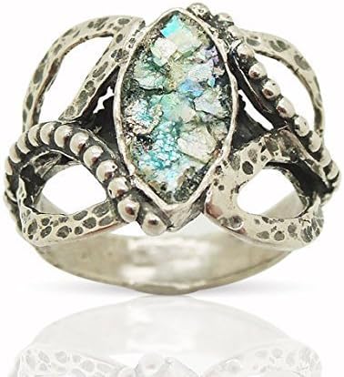 Oval roman glass ring set in a oval hammered silver ring