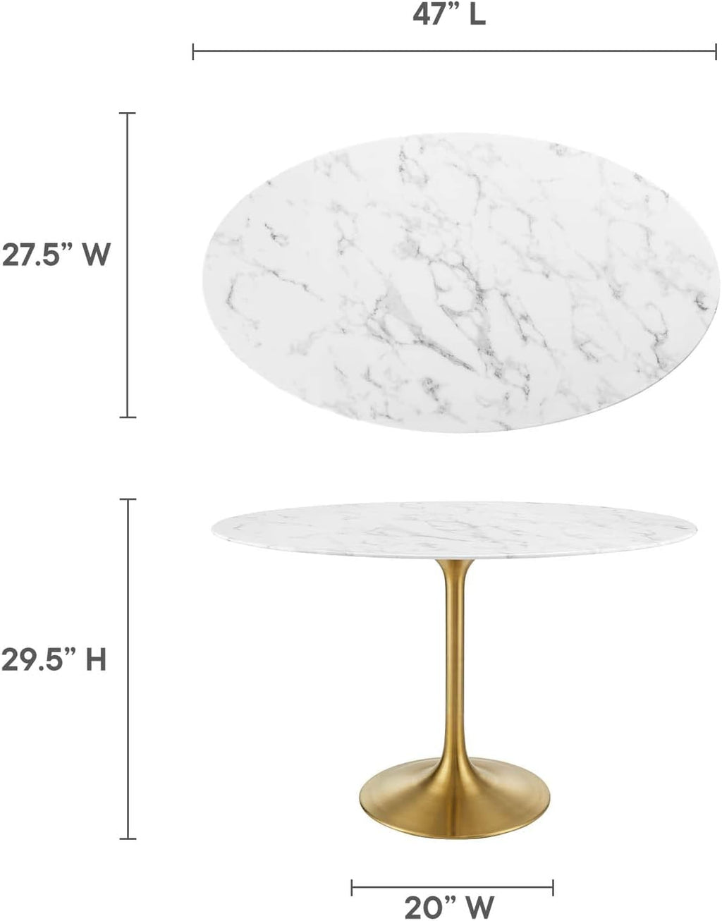 Modway Lippa 48' Oval-Shaped Mid-Century Modern Dining Table with Artificial Marble Top and Gold Base