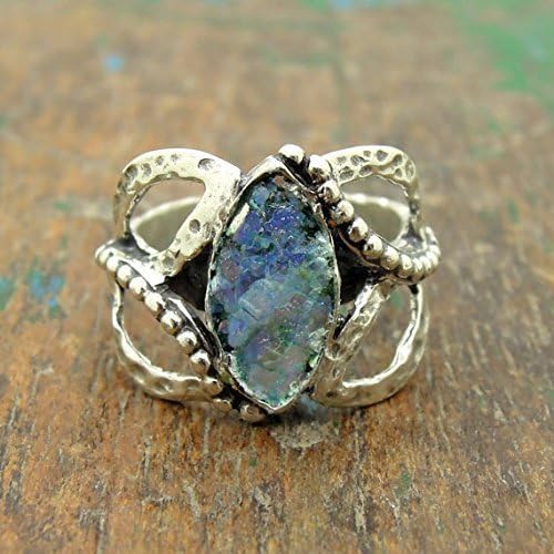 Oval roman glass ring set in a oval hammered silver ring