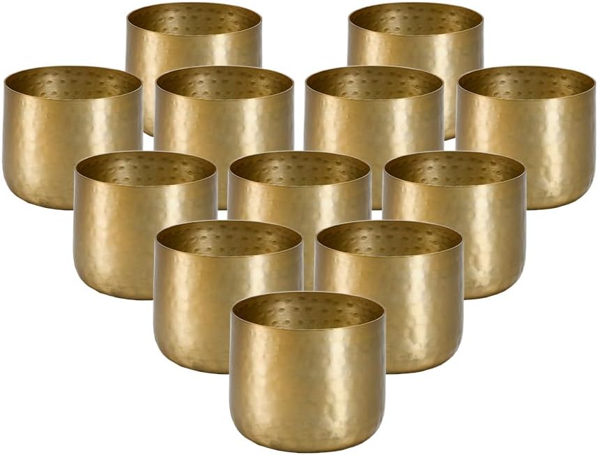 Serene Spaces Living Antique Brass Look Gold Hammered Pots: Stylish Indoor Planter, Decorative Accent for Potted Plants, Gold Flower Vase for Wedding, Extra Small, Set of 12