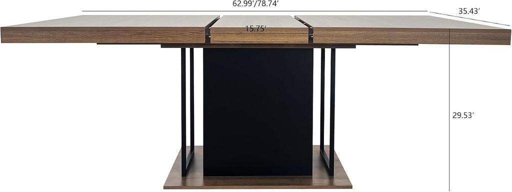 78.74'' Extendable Rectangular Dining Table for 4-8, Modern Mid-Century Wood Expandable Kitchen Dinner Conference Table for Living Room Office, Widen Pedestal Base, Black & Brown