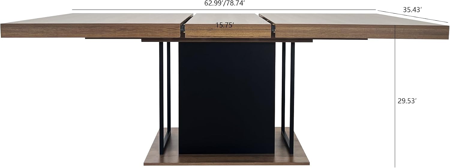 78.74'' Extendable Rectangular Dining Table for 4-8, Modern Mid-Century Wood Expandable Kitchen Dinner Conference Table for Living Room Office, Widen Pedestal Base, Black & Brown