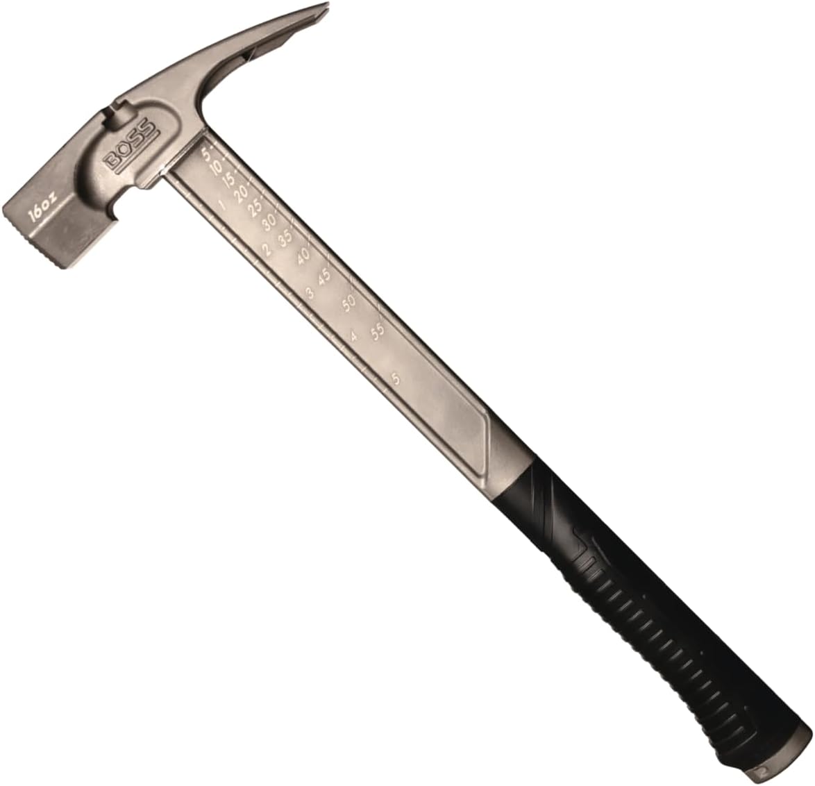Boss Hammer 16 oz. Pro Series Titanium Hammer with Over-Molded No-Slip Rubber Grip - Construction Grade, Dual Side Nail Pullers, Milled Face - Made in the USA - BH16TIM