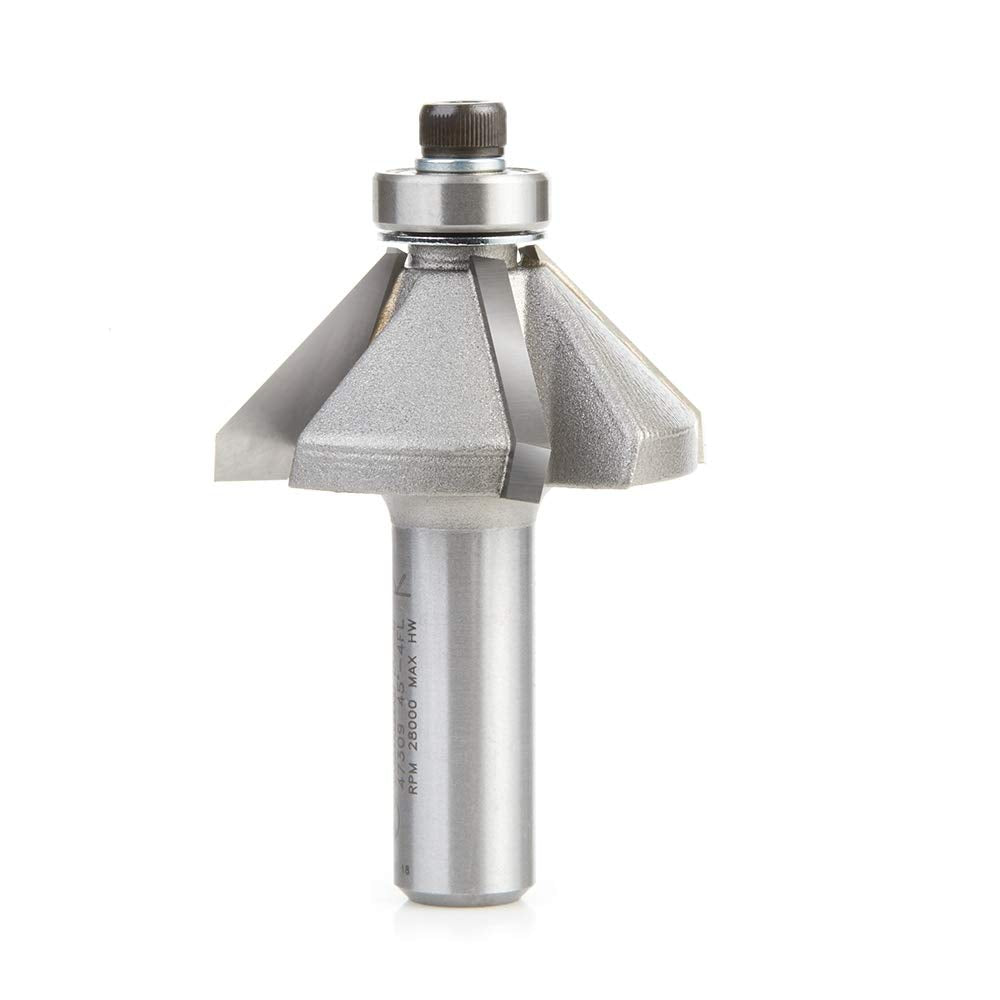 Amana Tool 47309 Carbide Tipped Chamfer 45 Deg Angle x 1-3/4 D x 3/4 CH x 1/2 Inch SHK w/Ball Bearing 4-Flute Router Bit