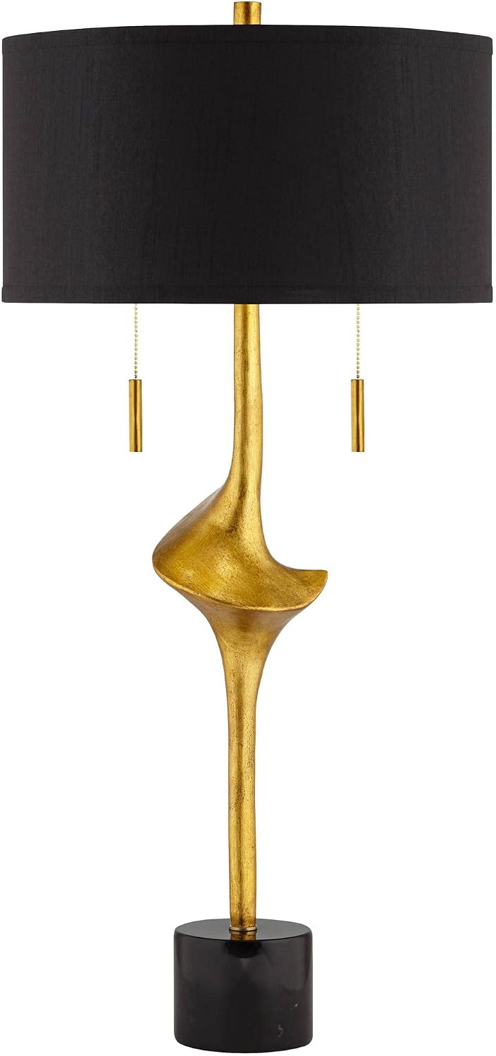 Possini Euro Design Athena 35 1/2' Tall Large Modern Glam End Table Lamps Set of 2 Pull Chain Sculptural Gold Leaf Living Room Bedroom Bedside Nightstand House Office Home Reading Kitchen Entryway