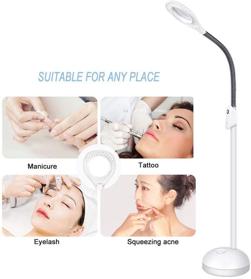 Magnifying Glass,Creative Craft Floor Standing Magnifying Lamp, Adjustable Swivel Arm 5X Magnifier Lamp Light for Skincare Beauty Manicure Tattoo Salon Spa with Rolling Floor Stand Magnifier