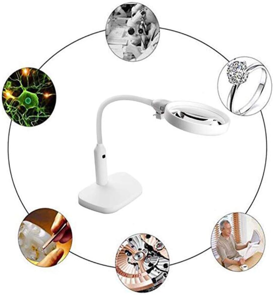GeRRiT 6 Led Magnifying Glass Clamp Lamp,2X,5X Magnifier Lens,Metal Hose Adjustable Swivel Arm Utility Clamp Light for Desk, Table,Craft, Jewelry,Sewing,