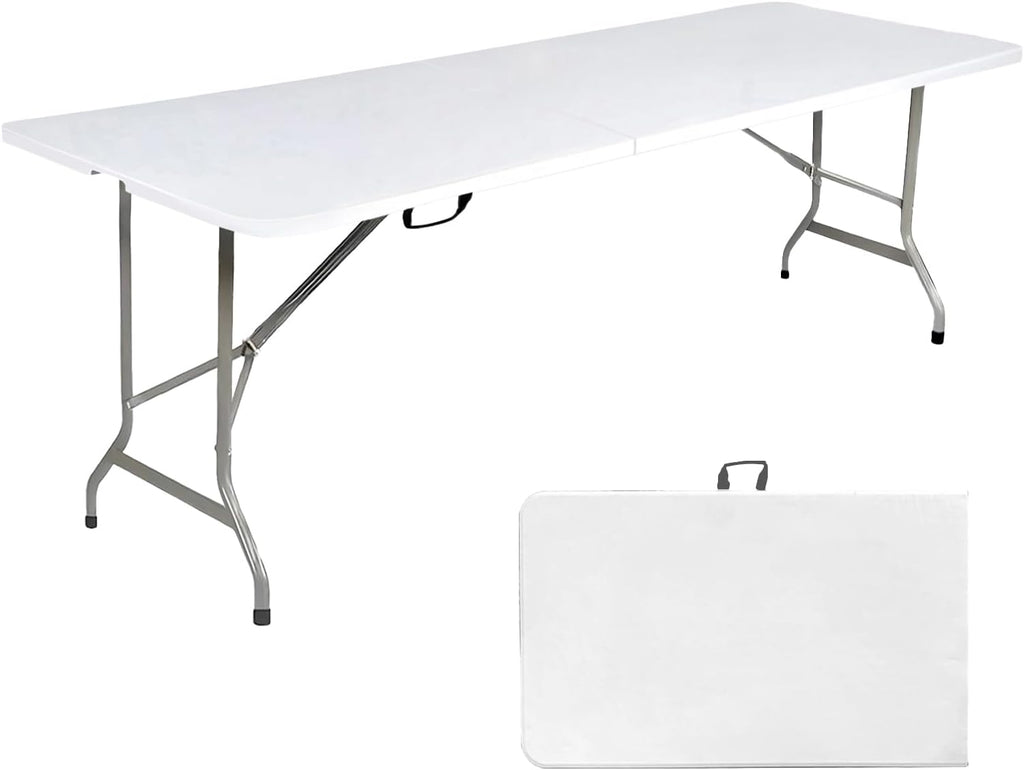 8 Foot Folding Table 8ft Foldable Portable Plastic Picnic Tables with Handle, Fold in Half Heavy Duty Long Large Utility Table, Indoor Outdoor 8' Fold up Card Tables for Party, Dining, White