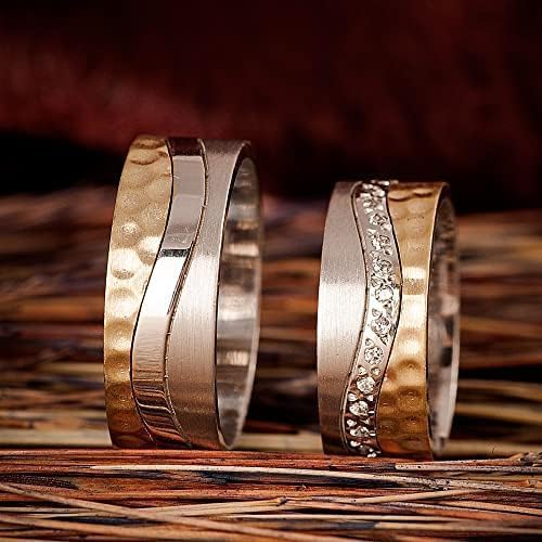 Hammered Wedding Ring Set 14K Gold Plated Couple Matching Wedding Band Set Personalized Man and Woman Silver Wedding Ring Set