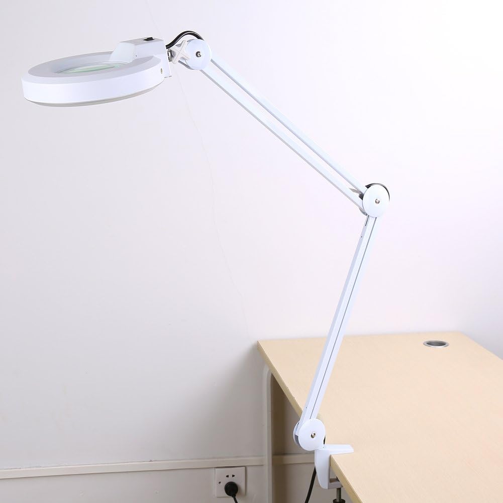Magnifying Glass Magnifier with Light and Stand Lighted, 5X White Desk Lamp - Hands - Free Illumination, Adjustable Clamp Stand, Ideal for Reading and Craftwork