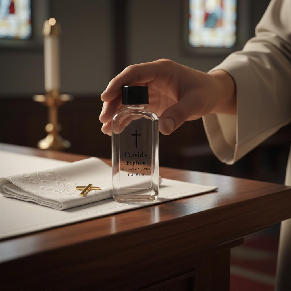 Custom 100cc Round Plastic Bottles - 3.4 oz Holy Water Favors with Minimalist Black or White Caps - Personalized Labels - Ideal for Confirmation Gifts & First Holy Communion Keepsakes (70)