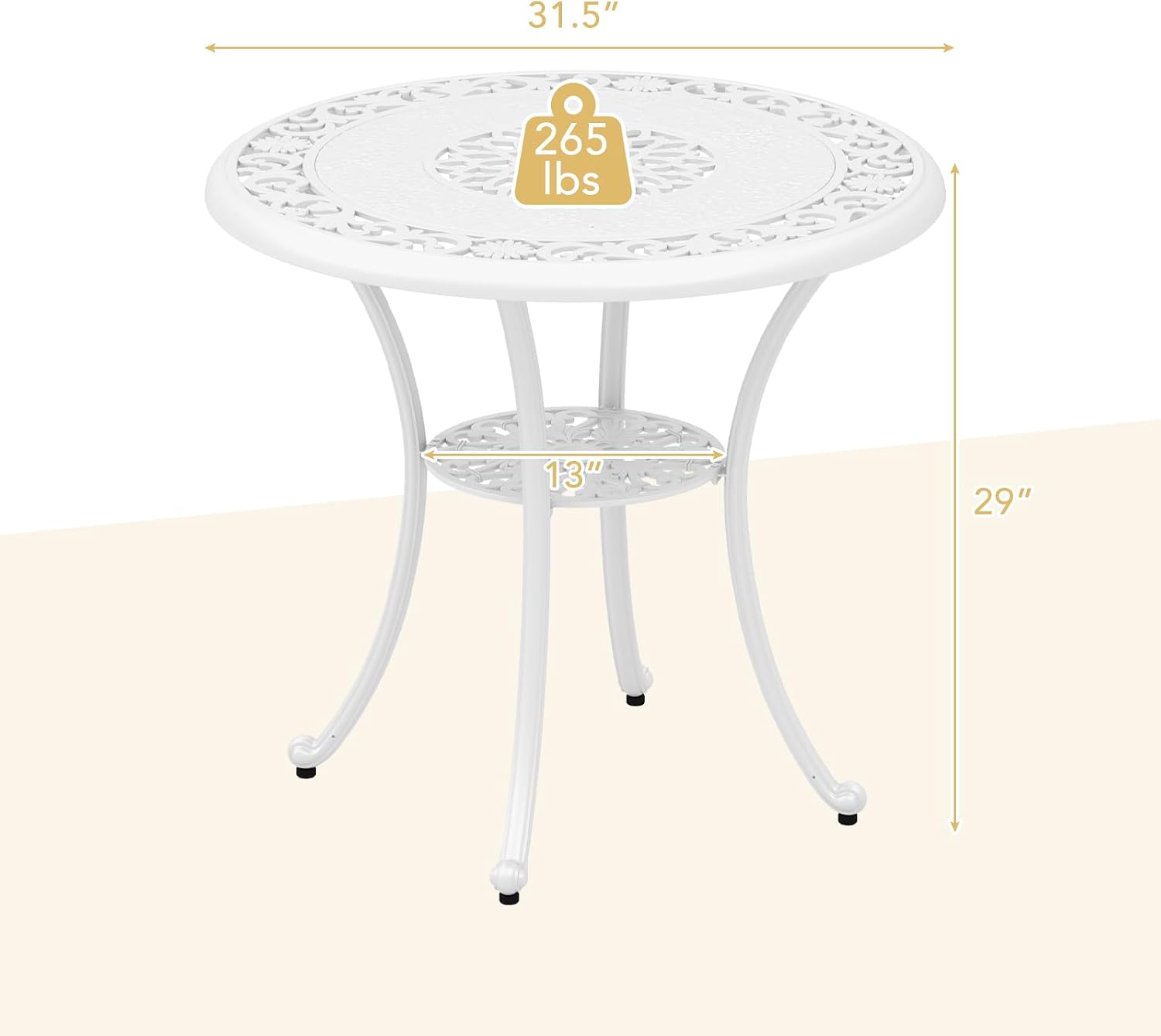 Tangkula 31.5' Cast Aluminum Patio Dining Table, Round Outdoor Bistro Table with 2' Umbrella Hole, Outdoor Side Table for Backyard, Lawn, Deck and Garden, White