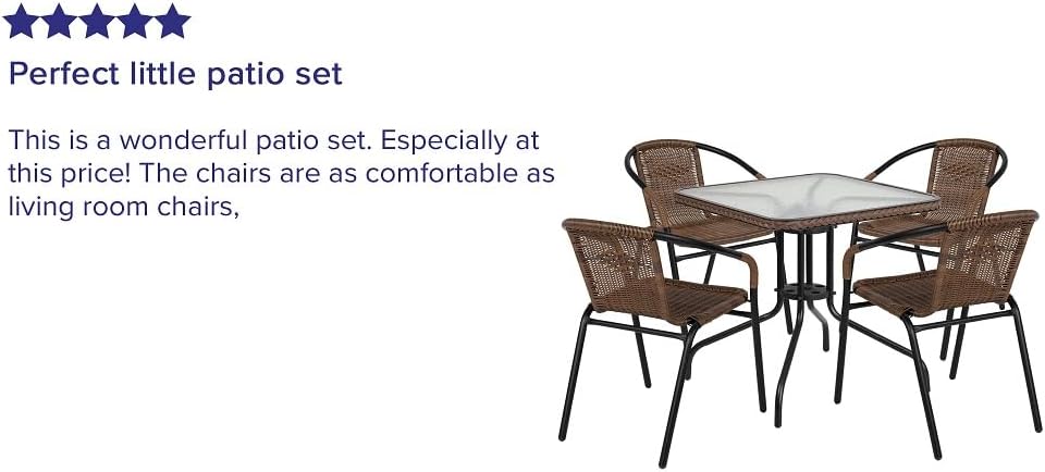 Flash Furniture Lila 28'' Square Glass Metal Table with Dark Brown Rattan Edging and 4 Dark Brown Rattan Stack Chairs