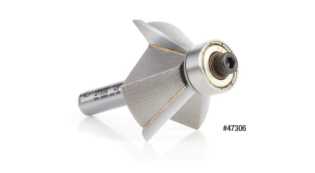 Amana Tool 47309 Carbide Tipped Chamfer 45 Deg Angle x 1-3/4 D x 3/4 CH x 1/2 Inch SHK w/Ball Bearing 4-Flute Router Bit