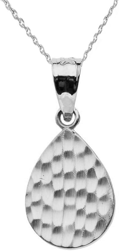 Fine 14k White Gold Love Hammered Tear Drop Charm Pendant Necklace and Earring Set