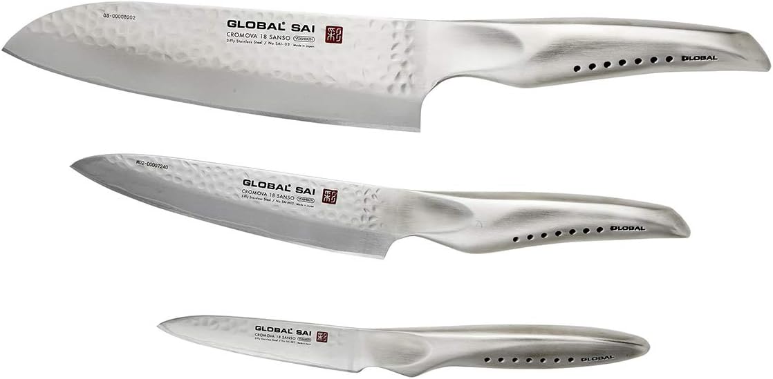 Global SAI 3 Piece Knife Set - 7 1/2 inch Santoku, 6 inch Utility, 3 1/2 inch Paring, Lightweight Japanese Stainless Steel, Razor Sharp Edge, Hand Hammered Blade, Thumb Rest, Made in Japan, SAI-3001