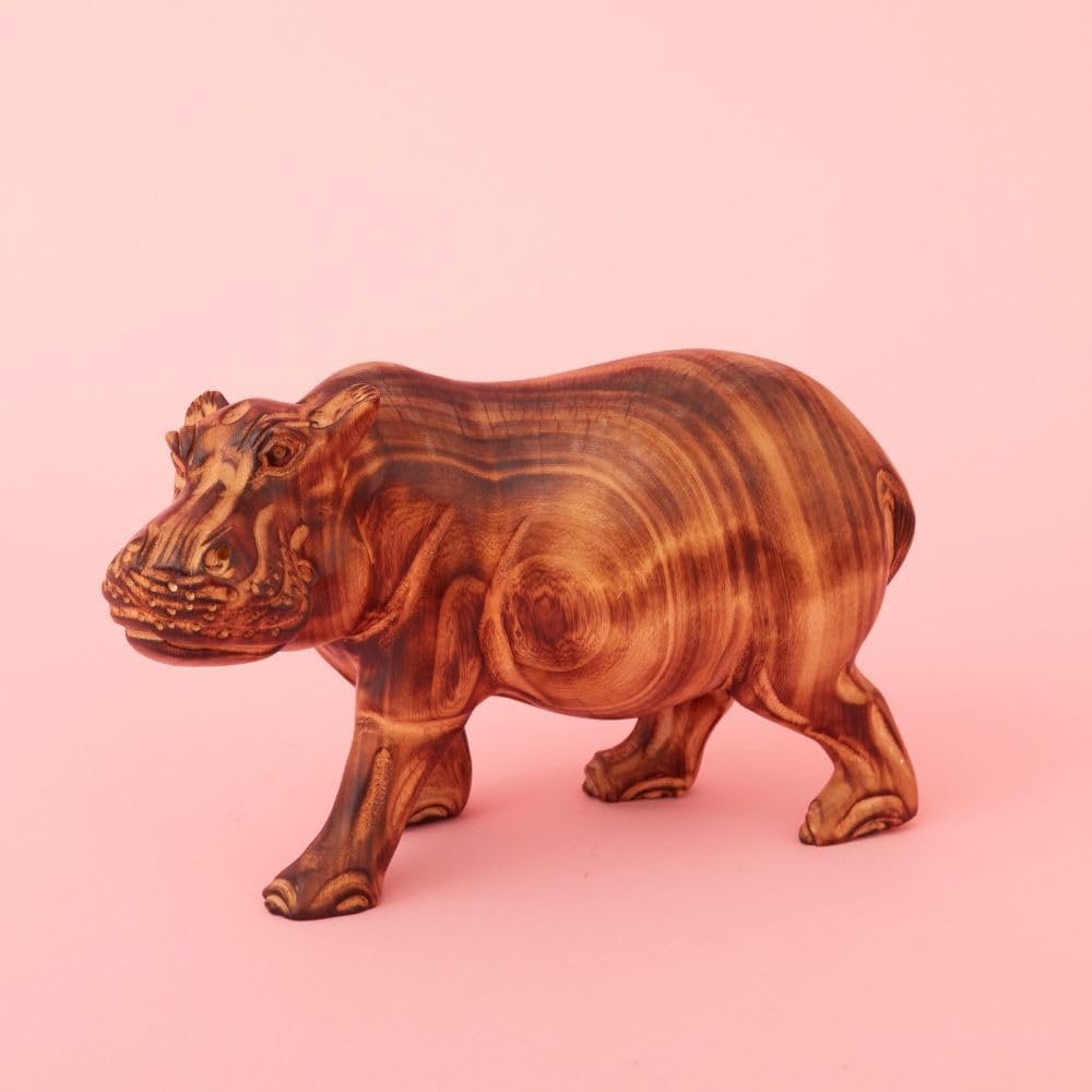 Large Wood Animal Sculptures Set for Room Decor, Giraffe, Hippo, Rhino, Lion and Elephant Statues, Brown