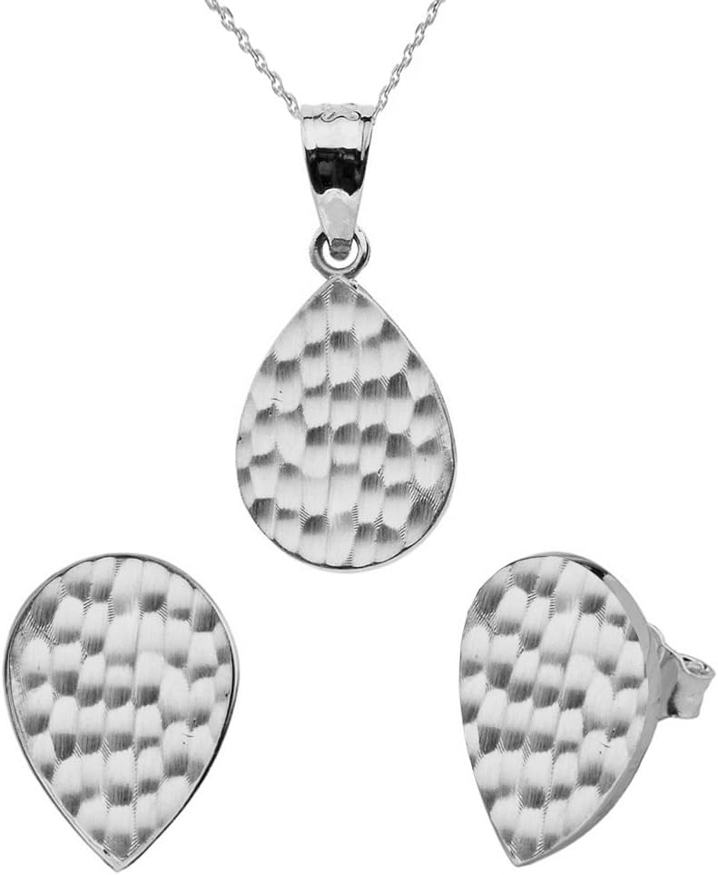 Fine 14k White Gold Love Hammered Tear Drop Charm Pendant Necklace and Earring Set
