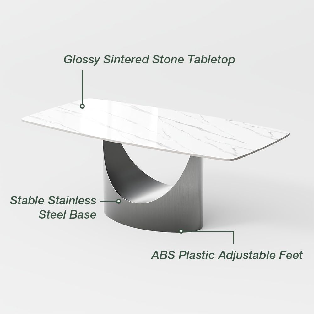POVISON 71' Modern Dining Table for 6, Glossy White Dining Room Table, Sintered Stone Minimalist Tabletop with Gray Carbon Steel Pedestal, 71 inch Rectangle Dining Table (Table Only)