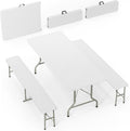 Bonnlo White Folding Picnic Table Set with 2 Benches, 6 Feet Camping Table Chair Set, Modern Portable 3-Piece Furniture for Indoor/Outdoor Use, White Folding Picnic Table with Smooth Tabletop