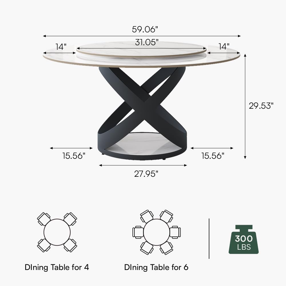 POVISON 59' Modern Dining Table, Glossy White Round Dining Table for 6 Built in Lazy Susan, Sintered Stone Dining Tabletop with Black X Carbon Steel Base (Table Only)