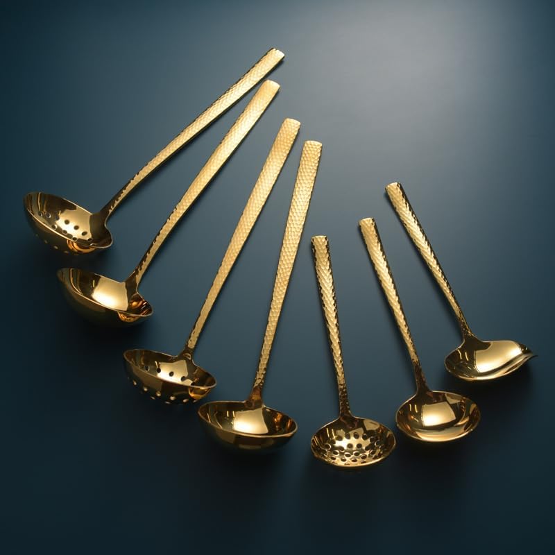 Cutlery Set Tableware Silverware Stainless Steel Handle,Silverware Flatware Cutlery Set, 1/4/6/8/10/12 Pcs 304 Stainless Steel Thickened Hammer Pattern Soup Shell Hot Pot-Rose Gold-8 Pieces