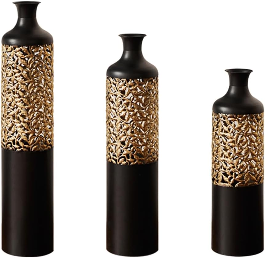 Floor Metal Decorated Vases Set of 3 for Gorgeous Home Decoration Large Glazed Metal Vases (Black)